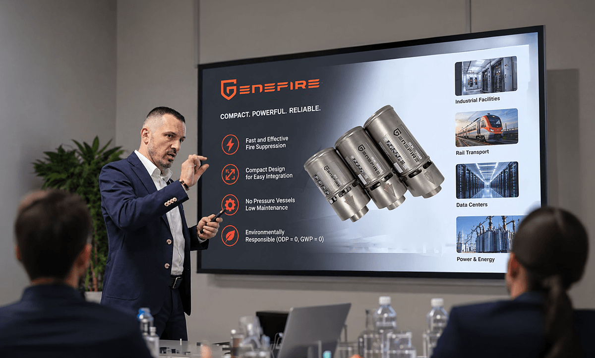 GENEFIRE team presenting aerosol fire suppression equipment