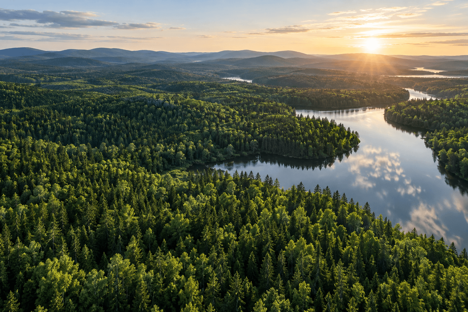 Aerial view of a forest and lakes at sunset