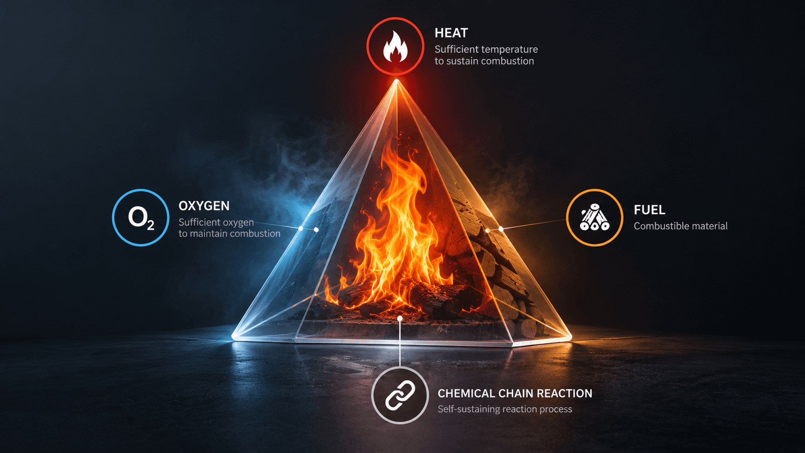 Fire tetrahedron showing heat, oxygen, fuel and the chemical chain reaction